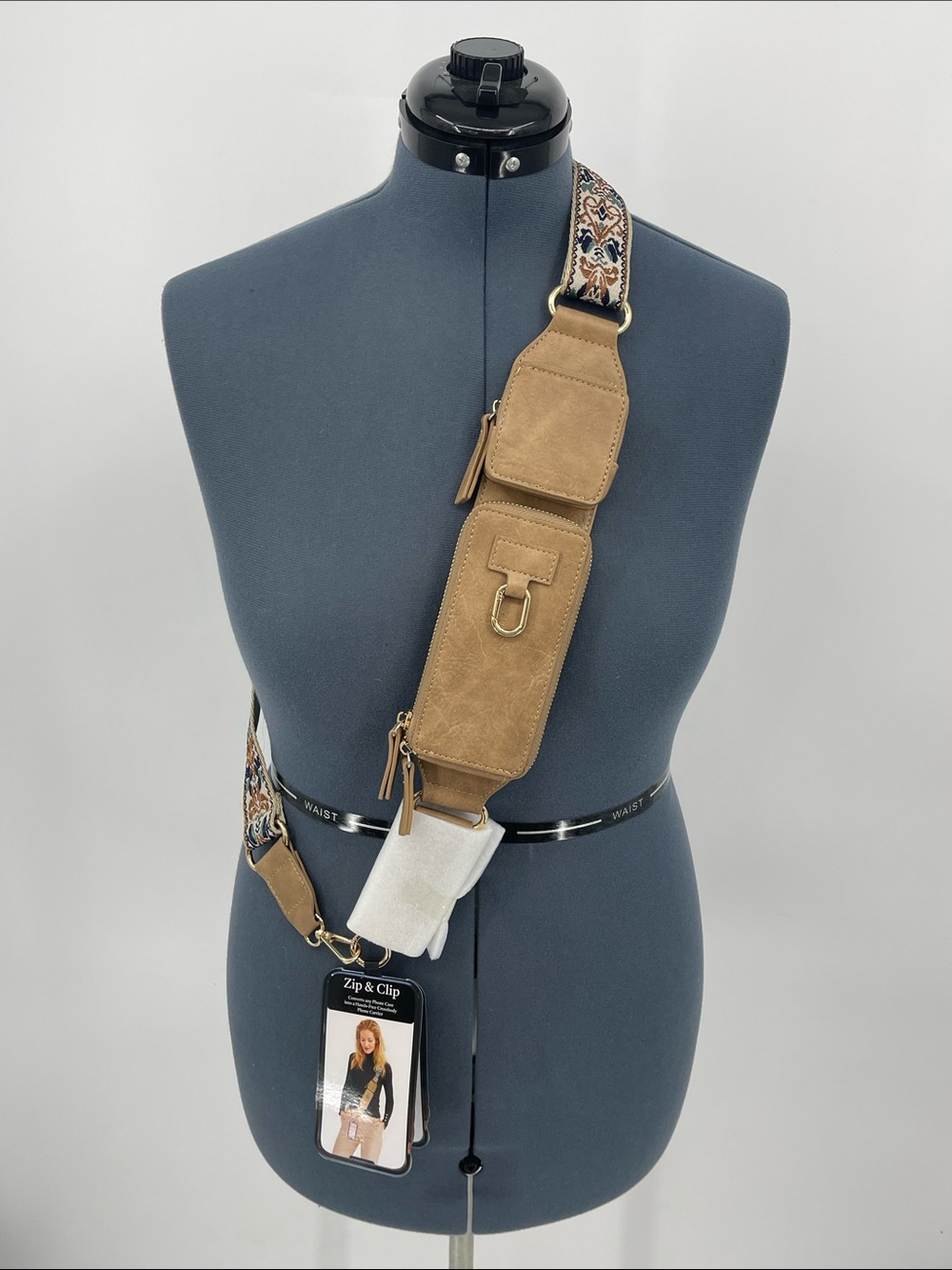 ZIP AND CLIP Stylish Tan Crossbody Strap Bag with Patterned Adjustable Strap NWT
